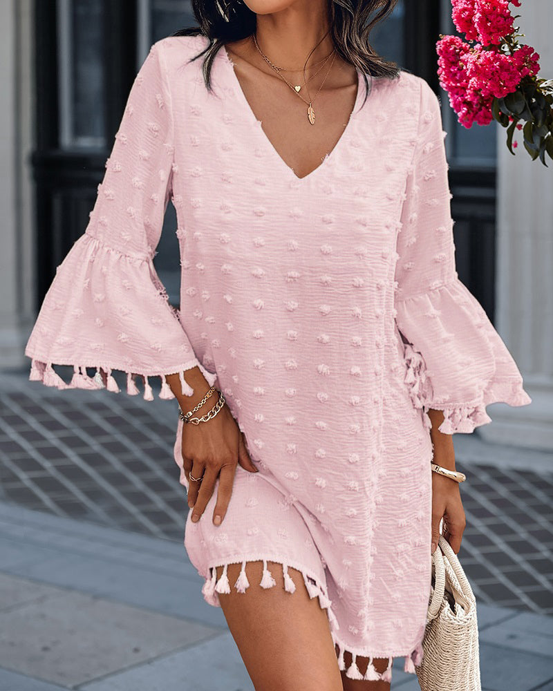 Large Swiss Dot  V-Neck Bell Sleeve Mini Dress Casual Loose Fit Dress