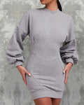 Lantern Sleeve Bodycon Pullover Sweatshirt Dress Crew Neck Mini Dress