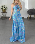 CHICME Women's Floral Halter Maxi Dress Cutout High Waisted Shirred Mermaid Ruffle Hem Dress
