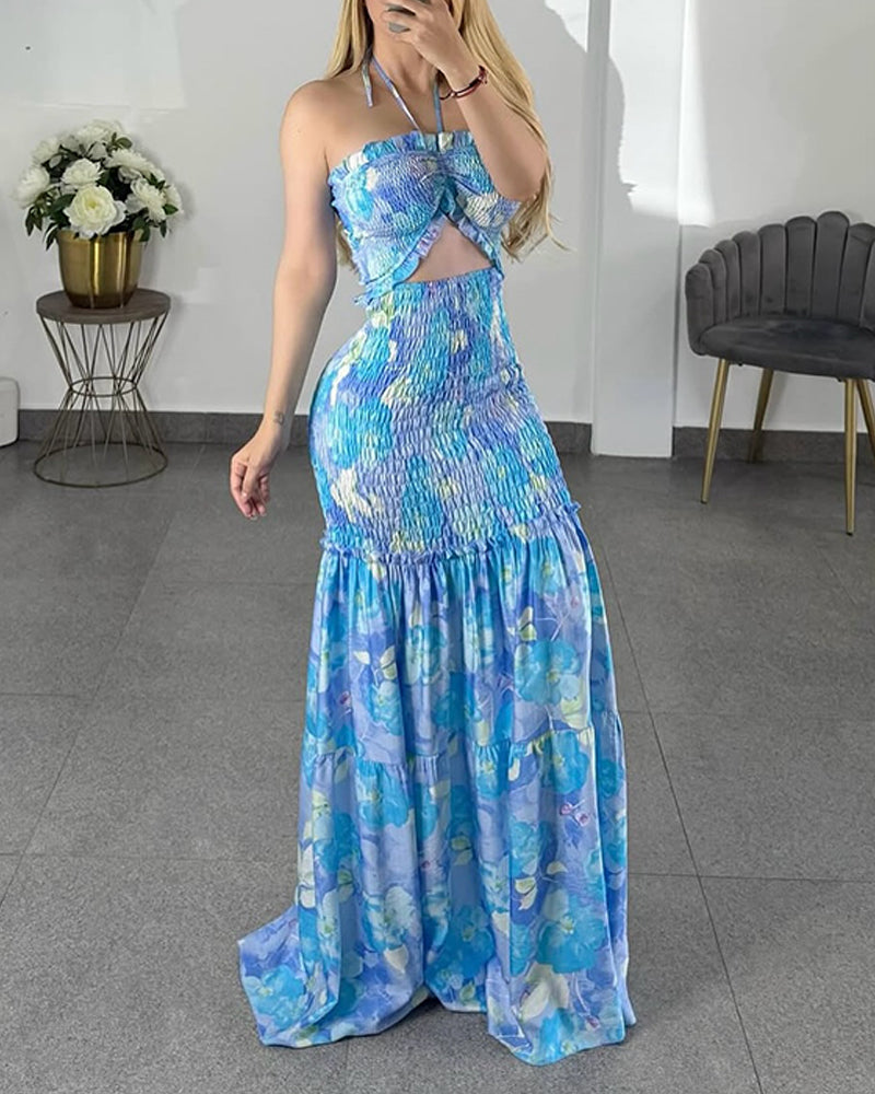CHICME Women's Floral Halter Maxi Dress Cutout High Waisted Shirred Mermaid Ruffle Hem Dress