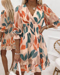 Women's Colorblock Leaf Print Midi Dress Overlap V-Neck Three Quarters Sleeve Shirred Waist Ruffle Hem A-Line Vacation Dress