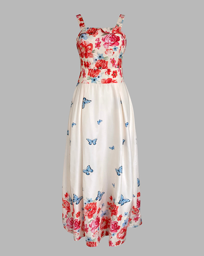 Floral Print Spaghetti Strap Square Neck Shirred Maxi Dress Casual Flowy A Line Vacation Dress