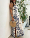 Graphic Print Square Neck Adjustable Spaghetti Straps Side Slit Maxi Dress Casual Backless Tie Back Elastic Back Waist Vacation Dress
