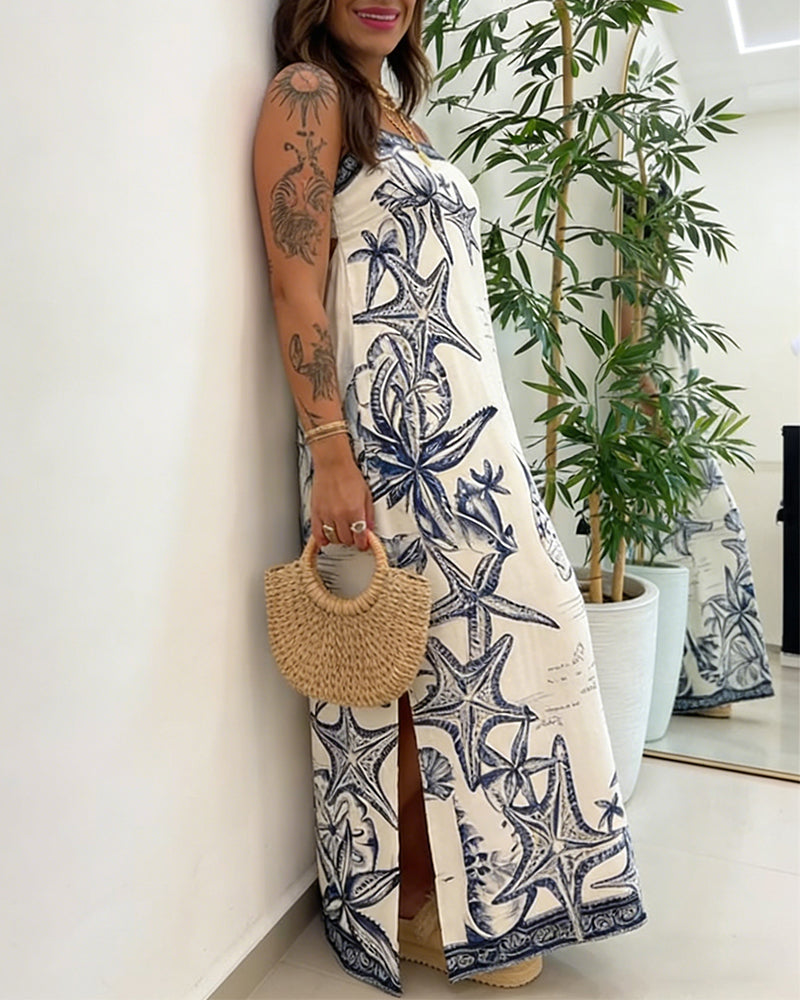 Graphic Print Square Neck Adjustable Spaghetti Straps Side Slit Maxi Dress Casual Backless Tie Back Elastic Back Waist Vacation Dress