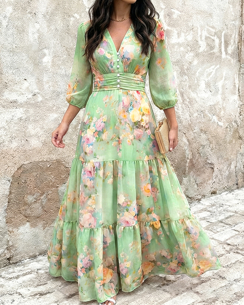 Women's Watercolor Floral V-Neck Shirred High Waist Maxi Dress Three Quarters Lantern Sleeve A-Line Ruffle Hem Chiffon Vacation Dress