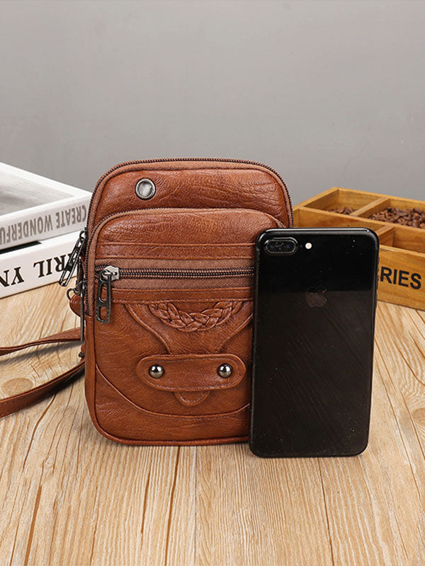 Vintage-Inspired Studded Washed Leather Crossbody Bag