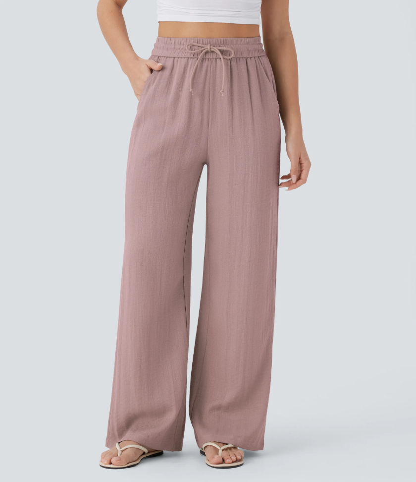 High Waisted Drawstring Pocket Wide Leg Casual Linen-Feel Trousers