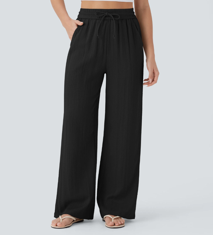 High Waisted Drawstring Pocket Wide Leg Casual Linen-Feel Trousers