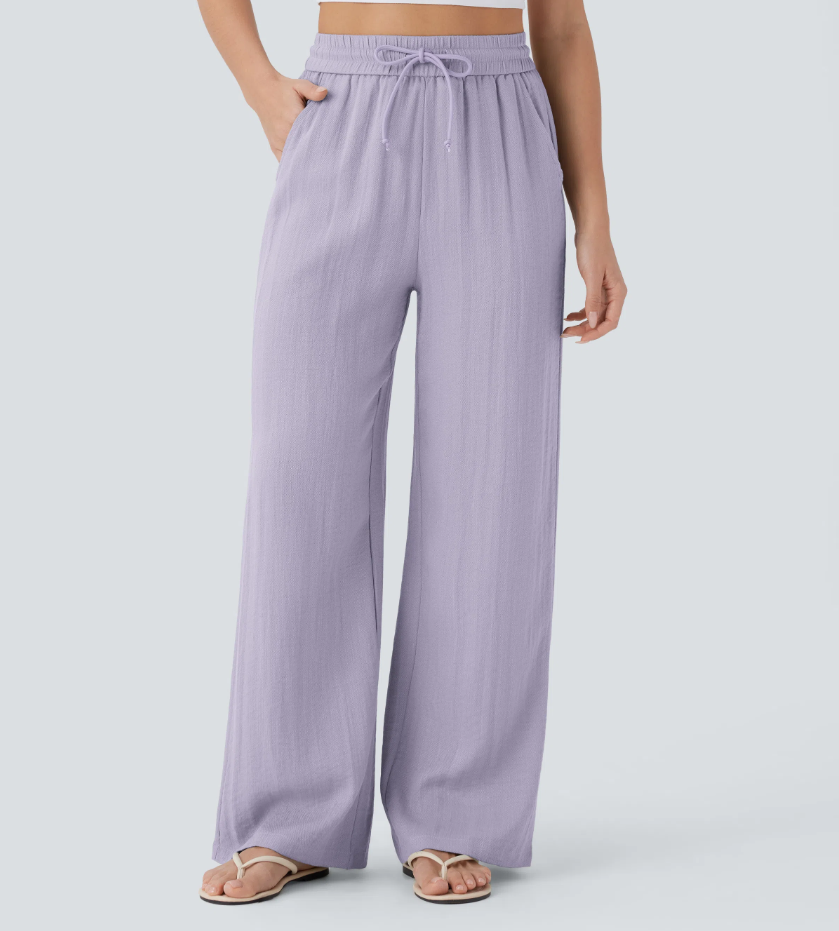High Waisted Drawstring Pocket Wide Leg Casual Linen-Feel Trousers
