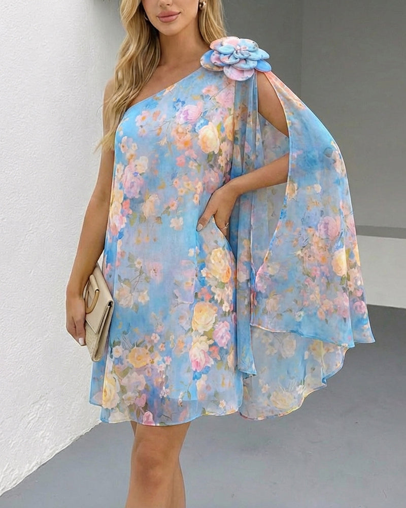 Women's Floral Print One-Shoulder Chiffon Dress 3D Floral Decor Split Sleeve Loose A-Line Mini Dress