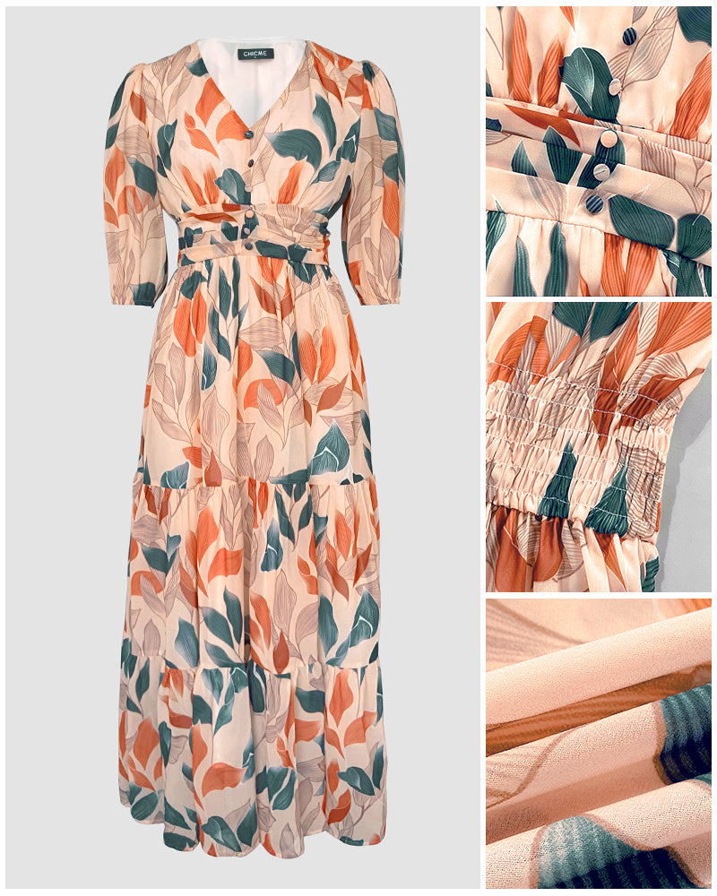 Plants Print V-Neck Half Sleeve Shirred Back Maxi Dress Casual Button Decor Ruched Ruffle Hem Vacation Dress