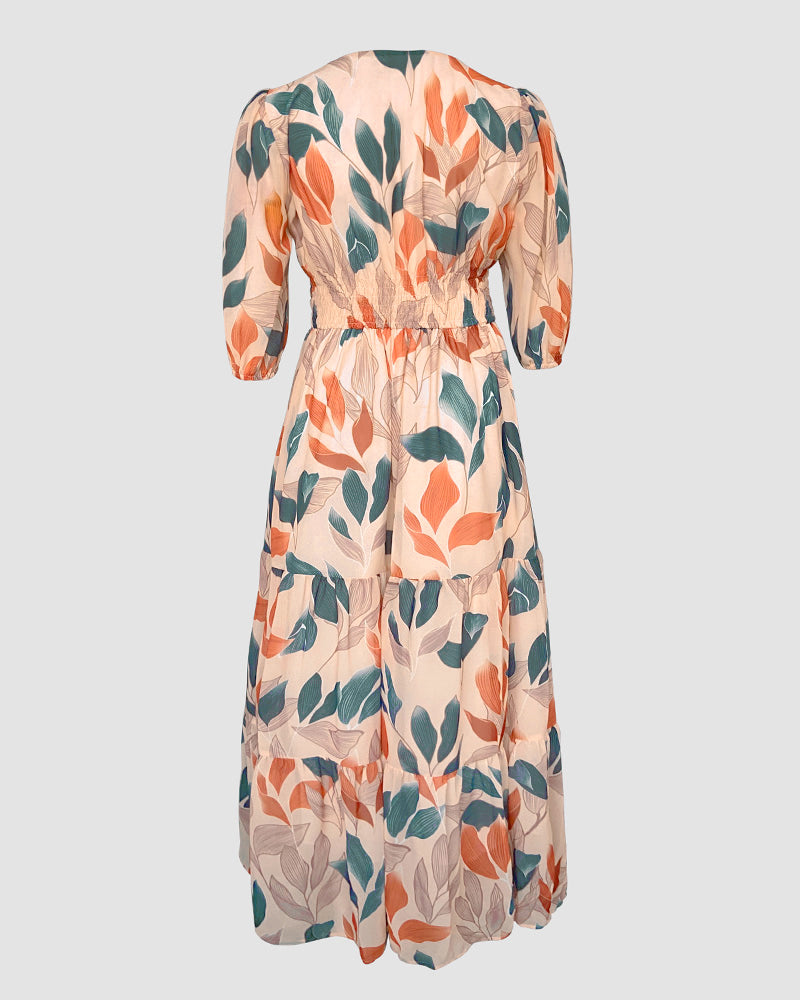 Plants Print V-Neck Half Sleeve Shirred Back Maxi Dress Casual Button Decor Ruched Ruffle Hem Vacation Dress