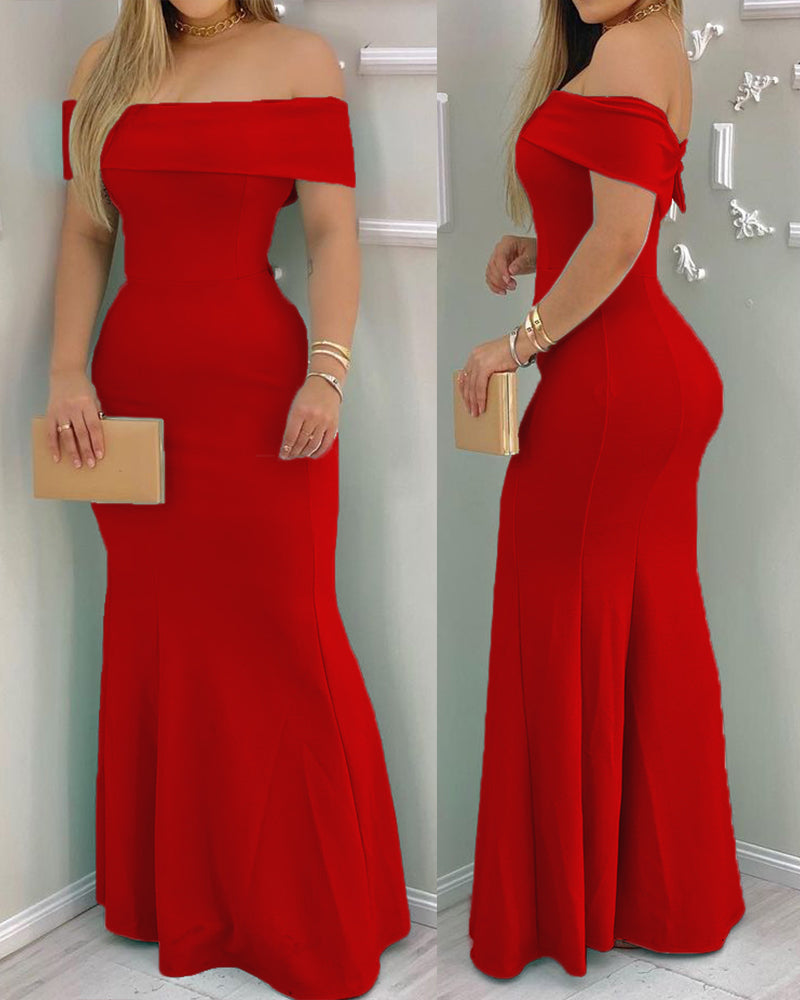 Off Shoulder Ruffle Hem Slim Fit Maxi Evening Dress Sexy Dress