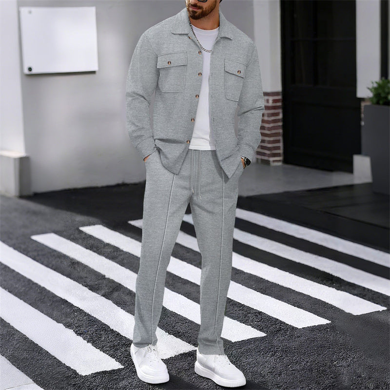 🔥 Men's Waffle Button-Up Jacket & Trousers Set