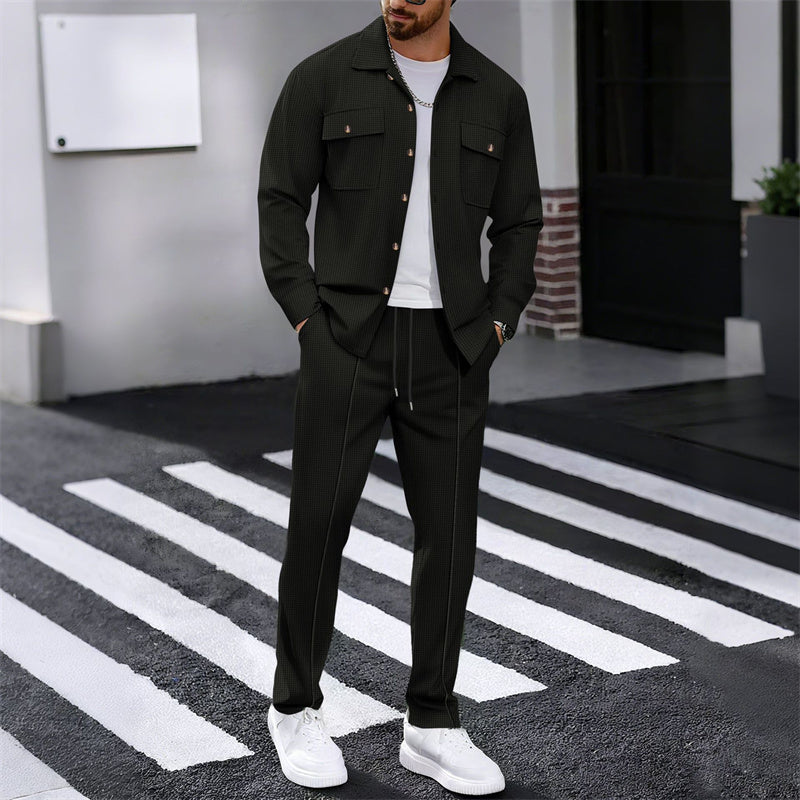 🔥 Men's Waffle Button-Up Jacket & Trousers Set
