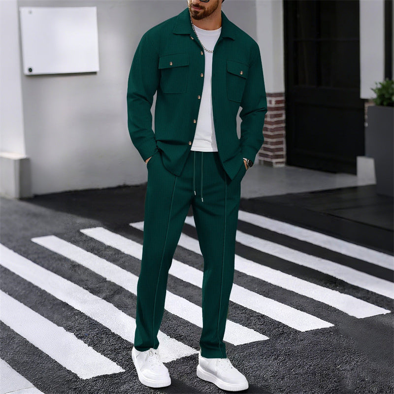 🔥 Men's Waffle Button-Up Jacket & Trousers Set