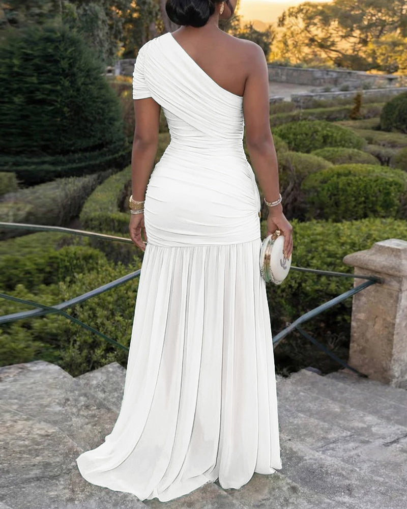 Women's One Shoulder Ruched Mesh Maxi Dress Gold Buckle High Slit Bodycon Evening Gown Party Dress