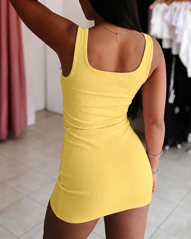 Women's Gold Zipper Sleeveless Mini Dress Rib-Knit Bodycon Dress with Pockets